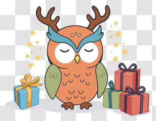 Cartoon Christmas Owl - Cute Owl With Presents Transparent PNG