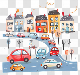 Cars In City - Whimsical Town Scene With Cars And Colorful Houses Transparent PNG