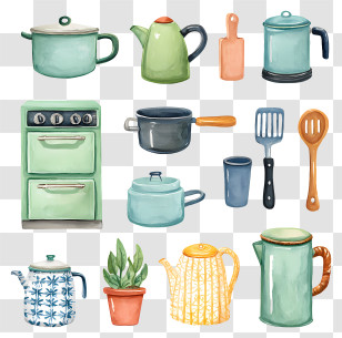 Cooking Items Watercolor - Colorful Kitchen Utensils Collection Transparent PNG