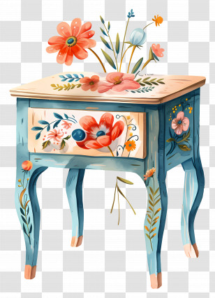 Bedside Table - Hand-Painted Decorative Table With Flowers Transparent PNG