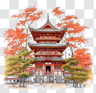 1 Japanese Temple - Traditional Pagoda With Autumn Trees Transparent PNG