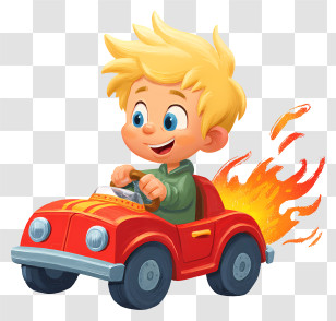 Boy Driving Toy Car - Blonde Boy Driving Red Car With Flames Transparent PNG