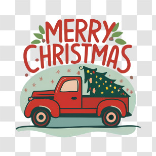 Merry Christmas - Red Truck With Christmas Tree And Greeting Transparent PNG