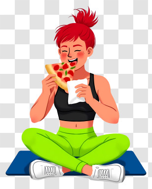 Cartoon Girl Eating Pizza - Girl Enjoying Pizza On Yoga Mat Transparent PNG
