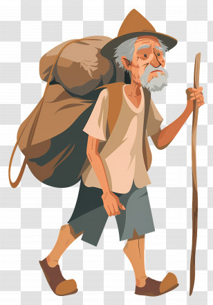Beggar Bum - Cartoon Old Man Walking With A Stick And Backpack Transparent PNG