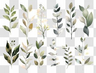 Dried Flowers - Illustrated Collection Of Green Botanical Leaves Transparent PNG