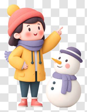 Girl With Snowman In Park - Child In Winter Clothes With Snowman Transparent PNG