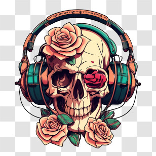 Skull Wearing Headphones - Skull With Headphones And Roses Transparent PNG