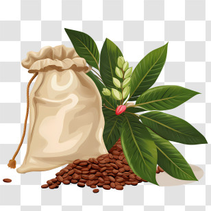 Coffee Beans Bag - Coffee Beans Sack With Leaves Illustration Transparent PNG