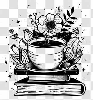 Books Drawing - Floral Coffee Cup With Books And Flowers Transparent PNG