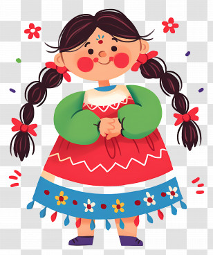 Mexican Doll - Cute Cartoon Girl In Colorful Dress Transparent PNG