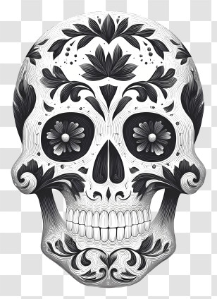 Black And White Sugar Skull - Artistic Decorative Skull Design Transparent PNG