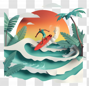 Surfing - Surfer Riding Waves At Sunset Transparent PNG