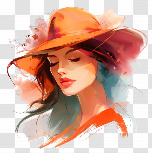 Woman In Hat - Stylish Woman In Orange Sunhat Illustration Transparent PNG