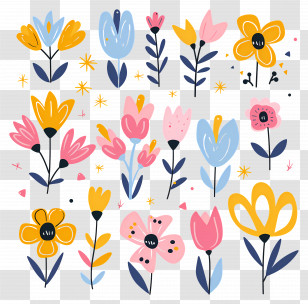 Bright Flowers - Adorable Cartoon Floral Pattern Transparent PNG