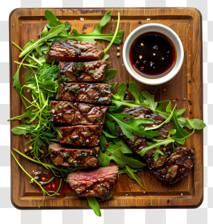 Steak - Grilled Steak With Arugula Salad On Wooden Plate Transparent PNG