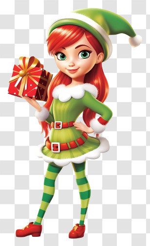 Cartoon Woman - Female Christmas Elf Holding A Gift Transparent PNG