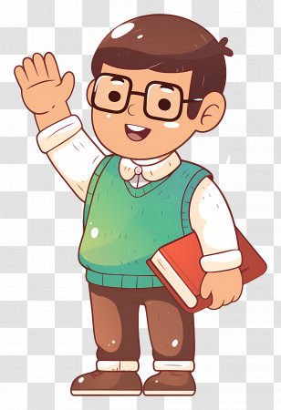 Male Teacher - School Boy Waving With A Book Cartoon Illustration Transparent PNG