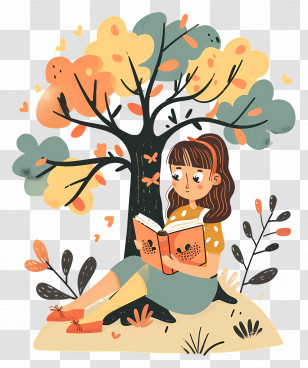 Girl Reading Book - Girl Reading Under Tree Illustration Transparent PNG