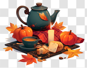 Still Life Of Fall - Autumn Tea Set With Pumpkins Transparent PNG