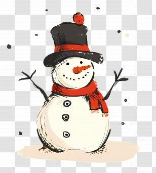 Snowman - Illustrated Snowman With Hat And Scarf Transparent PNG