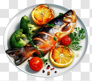 Realistic Fish Dish - Cooked Fish Dish With Vegetables And Lemons Transparent PNG