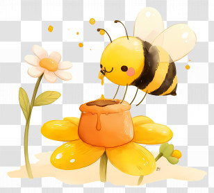 Cartoon Bee - Cute Bee On Yellow Flower Transparent PNG