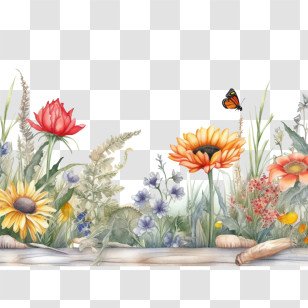 Summer Border - Wildflower Field With Butterfly Illustration Transparent PNG