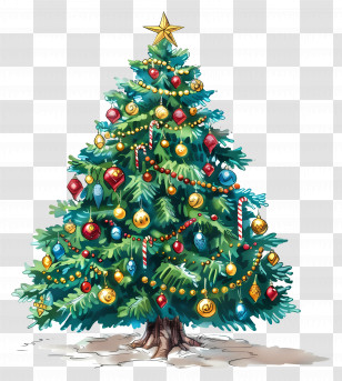 Christmas Tree - Decorated Christmas Tree With Ornaments And Star Transparent PNG