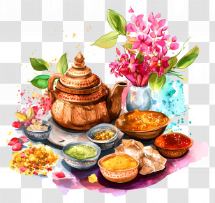 Karva Chauth - Traditional Food And Tea Arrangement Transparent PNG