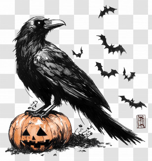 Halloween Raven - Raven On Pumpkin With Bats Transparent PNG