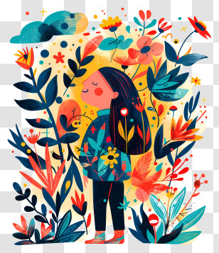 Renewal Day - Colorful Illustration Of A Girl With Flowers Transparent PNG