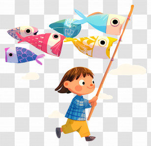 Childrens Day - Child Flying Colorful Fish Kites Transparent PNG