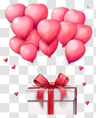 Watercolor Valentine Gift Balloon - Gift Box With Heart Balloons For Celebrations Transparent PNG
