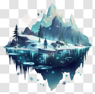 Frozen Lake Reflection - Floating Snow Mountain Scene Transparent PNG