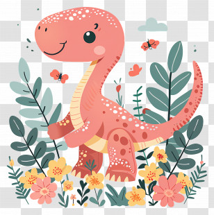 Cartoon Dinosaur - Cute Pink Dinosaur In A Flower Garden Illustration Transparent PNG