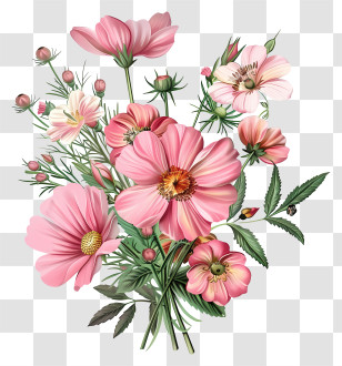 Pink Flowers - Watercolor Pink Cosmos Flower Bouquet Transparent PNG