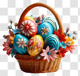 Easter Egg - Basket With Decorative Easter Eggs And Flowers Transparent PNG