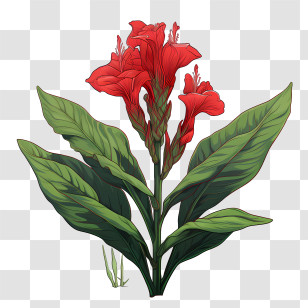 Canna Indica - Red Flower With Green Leaves Botanical Illustration Transparent PNG