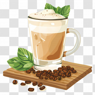 Watercolor Coffee - Latte Coffee With Mint Leaves And Coffee Beans Transparent PNG