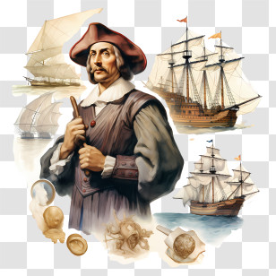 Columbus Day - Historical Explorer With Sailing Ships Transparent PNG