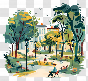 Town Park - Beautiful Park With Benches And People Transparent PNG