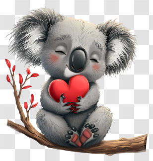 Koala Lovers - Cute Koala Holding A Heart On A Branch Transparent PNG