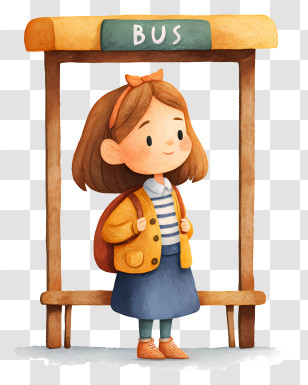 Girl Student At Bus Stop - Little Girl Waiting At Bus Stop Transparent PNG
