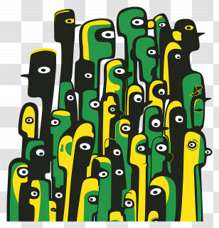 Crowd - Abstract Faces In Green, Yellow, And Black Transparent PNG