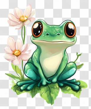 Kawaii Frog - Cute Green Frog On Flowers In Cartoon Style Transparent PNG