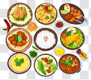 Cartoon India Cuisine - Assorted Dishes On Plates Transparent PNG