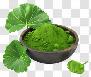 Gotu Kola Powder - Matcha Powder And Leaves In Wooden Bowl Transparent PNG