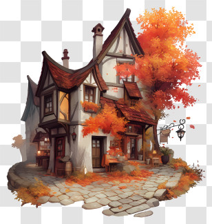 Autumn Alley - Charming Autumn Cottage With Leaves Transparent PNG