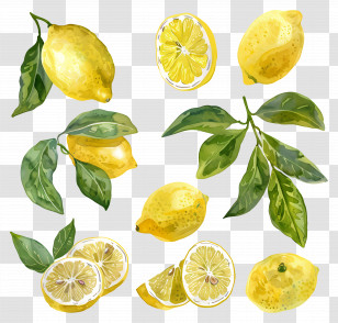 Lemon - Citrus Lemons With Leaves Illustration Transparent PNG